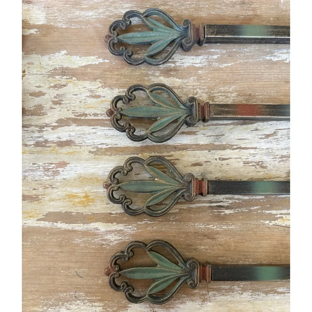 Vintage Victoria style swing arm curtain drapery rods green red ornate finial